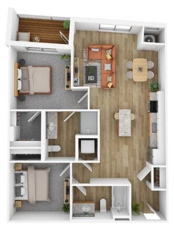 Floor plan for 2 beds, 2 baths, 979 sqft